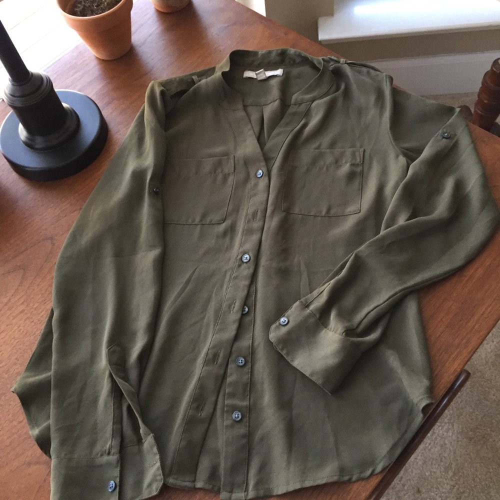 Banana republic olive green button up long sleeve top shirt blouse XS
